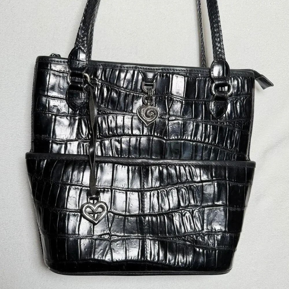 Brighton Black Faux Croc Embossed Shoulder Bag Vintage Plaid Lining Heart Charms